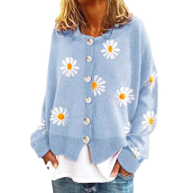 Women S Long Sleeve Knit Cardigan Floral Embroidered Loose Fit Daily Urban Wear