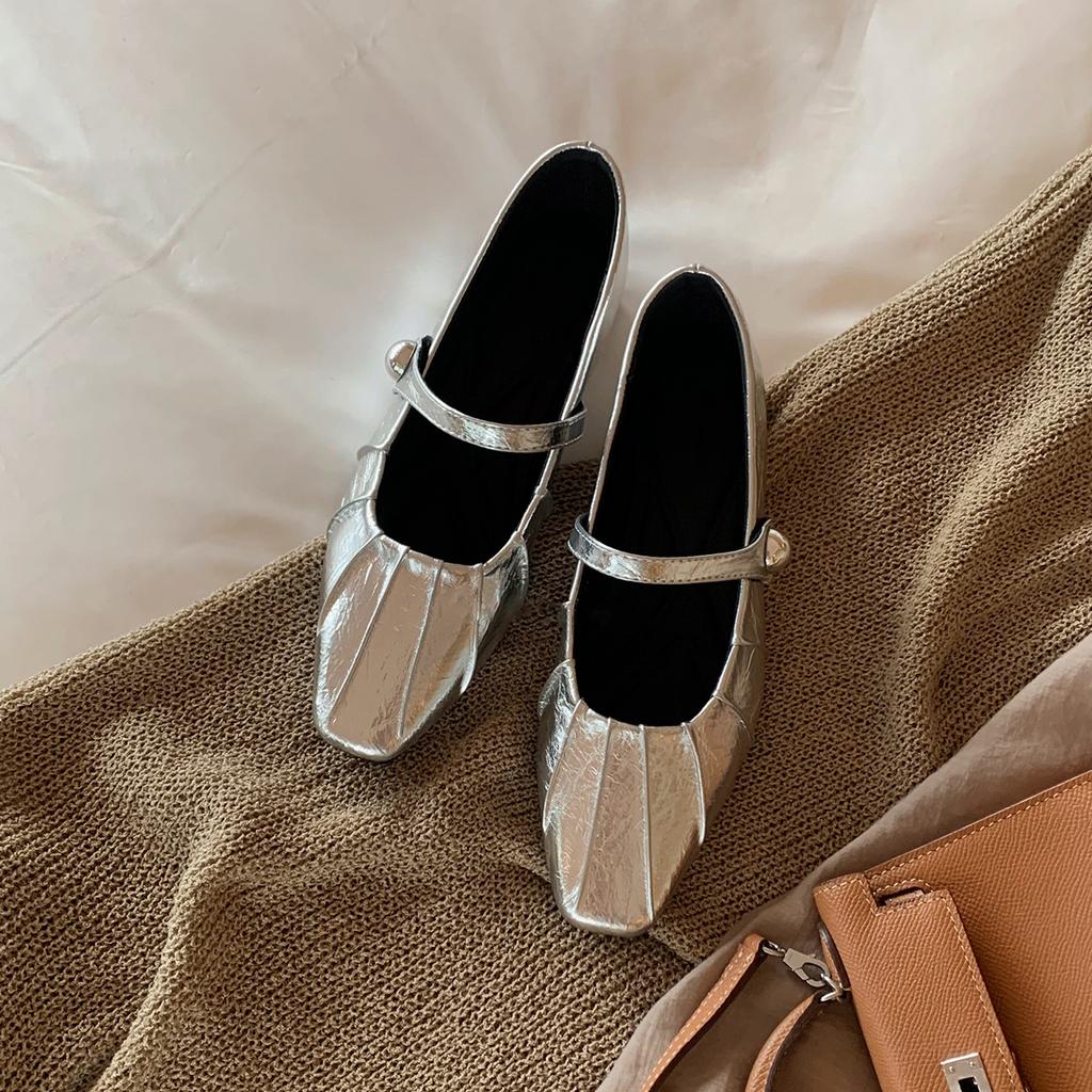 Sheepskin version~ genuine leather French gentle inner height increase silver light mouth single shoes women's one-word buckle Mary Jane shoes s