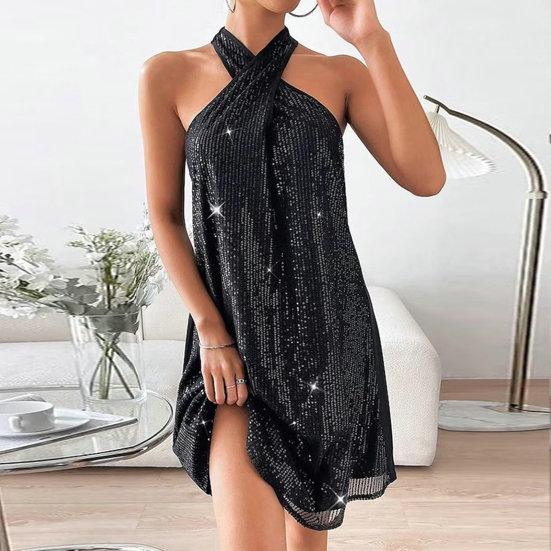 Ladies Dress Shiny Sequin Off Shoulder Sleeveless Cross Halter Neck Loose A Line Loose Hem Solid Color Mini Dress Party Prom Evening Dress