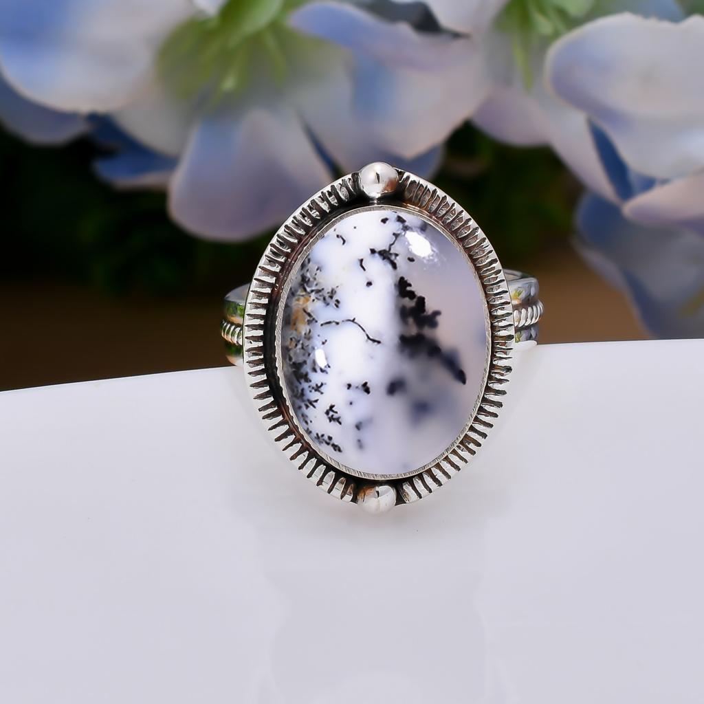 Dendritic Agate - Brazil 925 Sterling Silver Ring V5101, White Ring, Oval Ring, Valentin's Day Gift, Gift For Her, Birthday Gift, Handmade Jewelry, Si