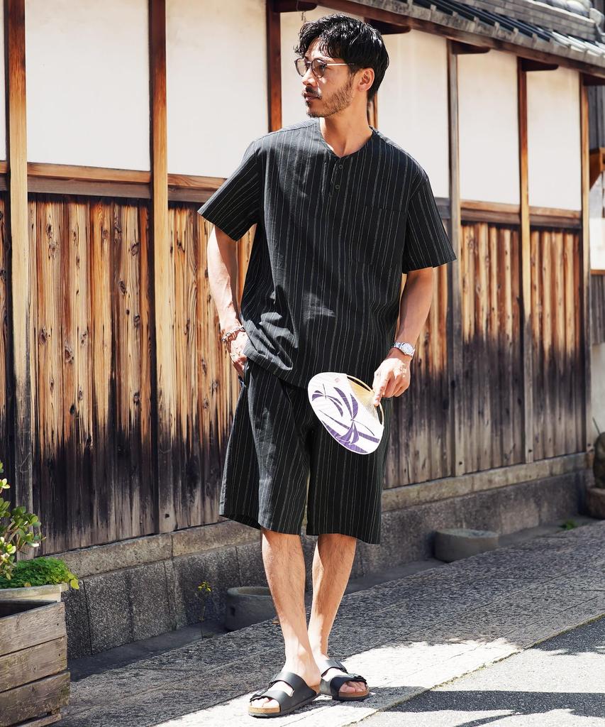 Jinbei Night Rain Jinbei Top and Bottom Japanese Shijira Perfect for Summer Fireworks [JIGGYS SHOP] (Large, B) (Henley Neck) Men's Set, 100% Cotton,