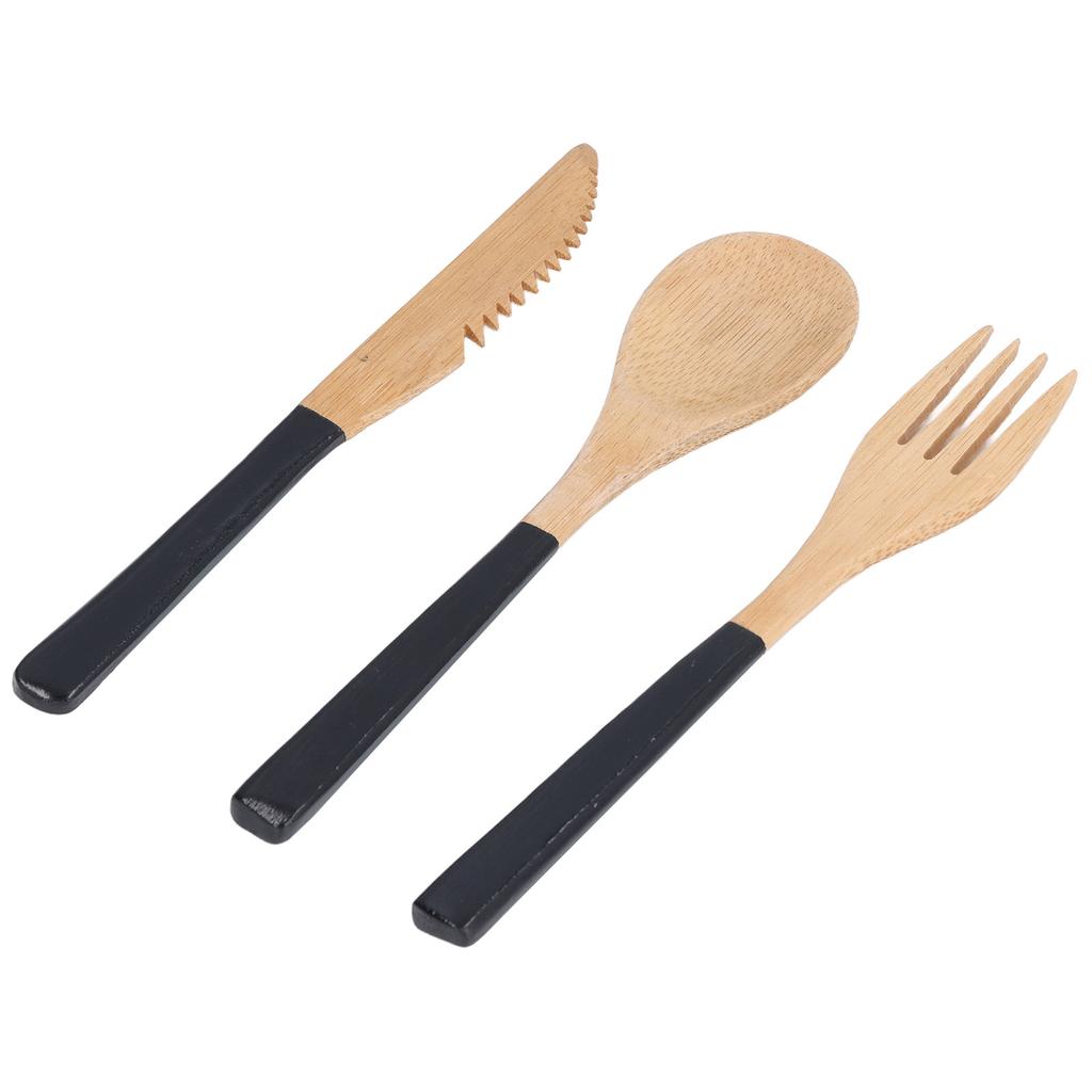 3Pcs Japanese Wooden Cutlery Set Safe BPA Free Wooden Cutlery Spoons Forks Knives for KitchenBlack