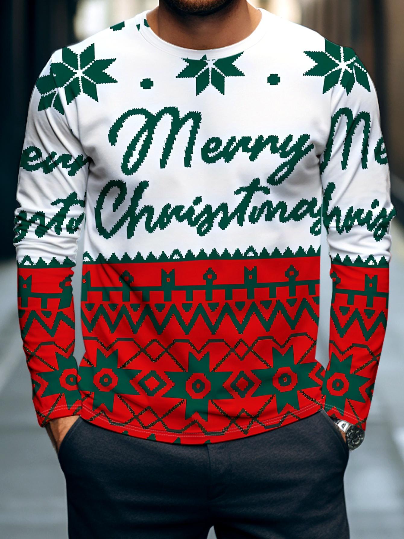 Men Christmas Snowflake Print Long Sleeve T-Shirt Red Green Casual Street Top S