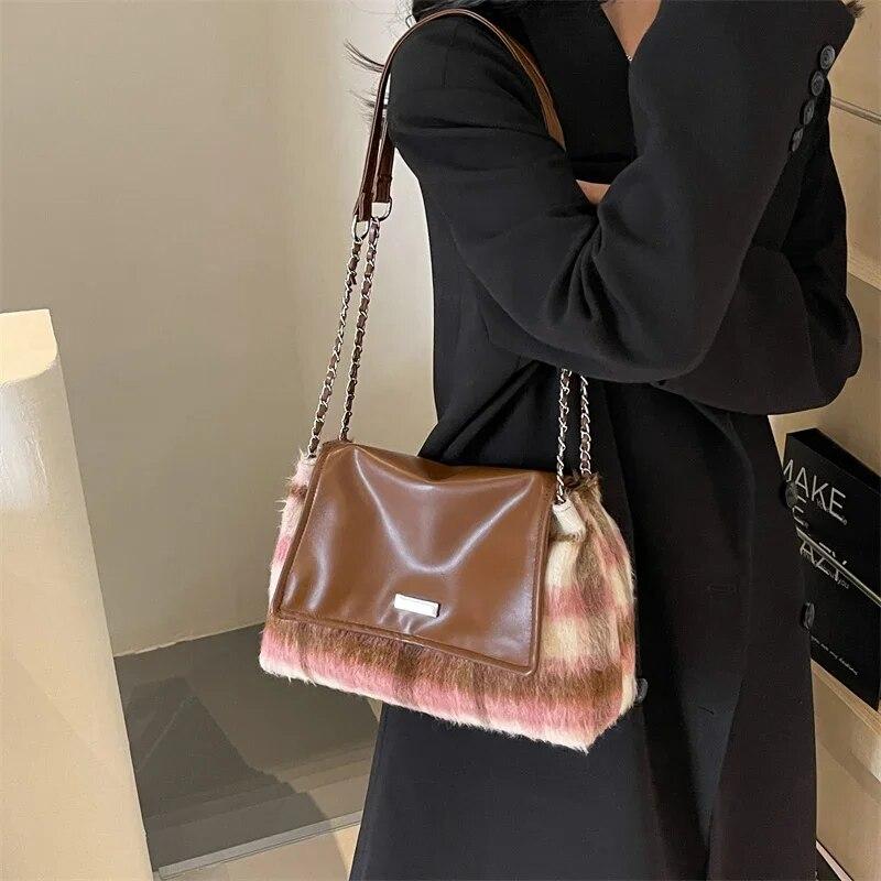 Small Soft Woolen Shoulder Bag for Women 2024 Winter Korean Fashion Female Chain Underarm Bag Handbags and Purses