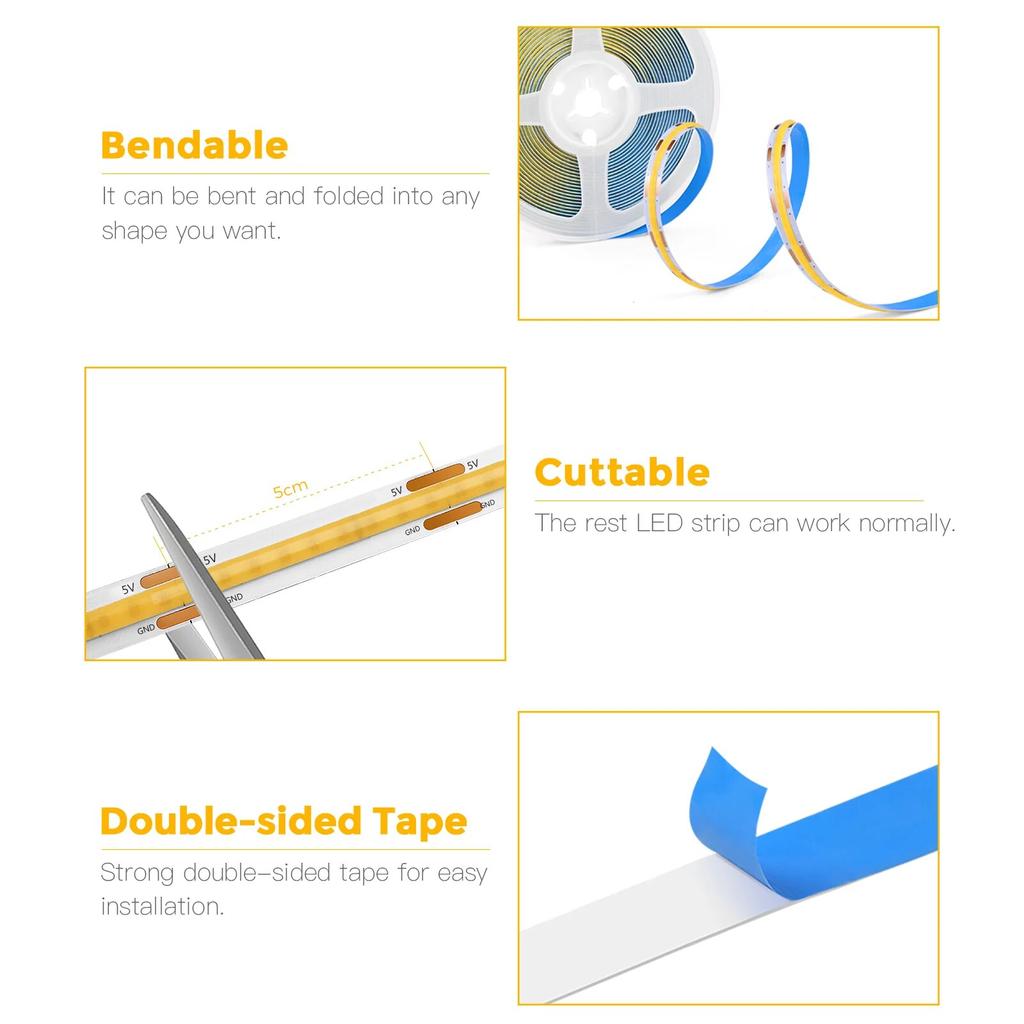 DC5V USB COB LED Şerit Işık 1M/2M/3M/4M/5M Dokunmatik ve El Süpürme Dimmer Anahtarı ile Kısılabilir COB Şerit Dolap Yatak Odası Aydınlatması İçin