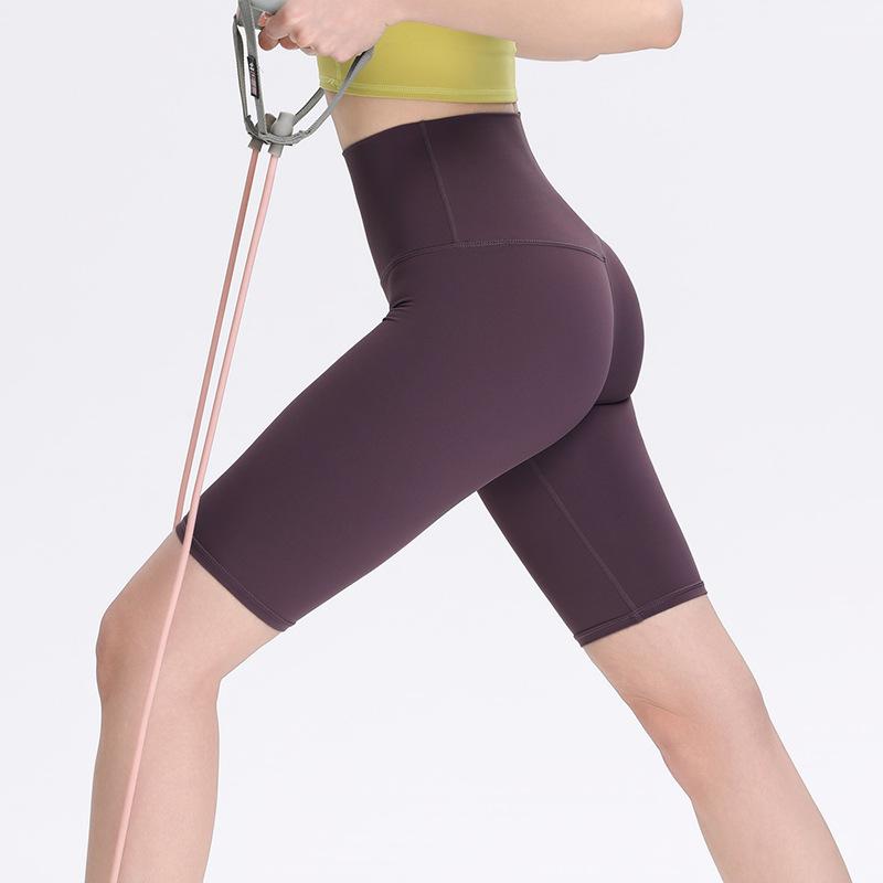 Sports shorts 2025 double-sided brocade nude fitness medium pants high waist slim peach hip sports five-point tight yoga pants women