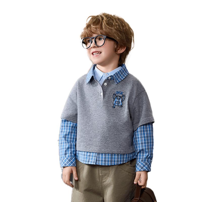 ASK JUNIOR Kids  Faux Two-Piece Long Sleeve Plaid Polo Sweatshirt 130