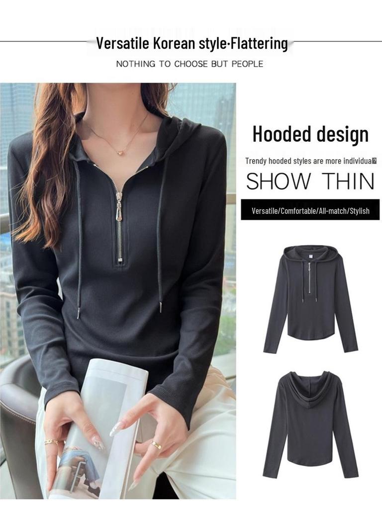 Women's Slim-Fit Half-Zip Cotton Hoodie - Long-Sleeve Versatile Casual Top for Autumn/Winter