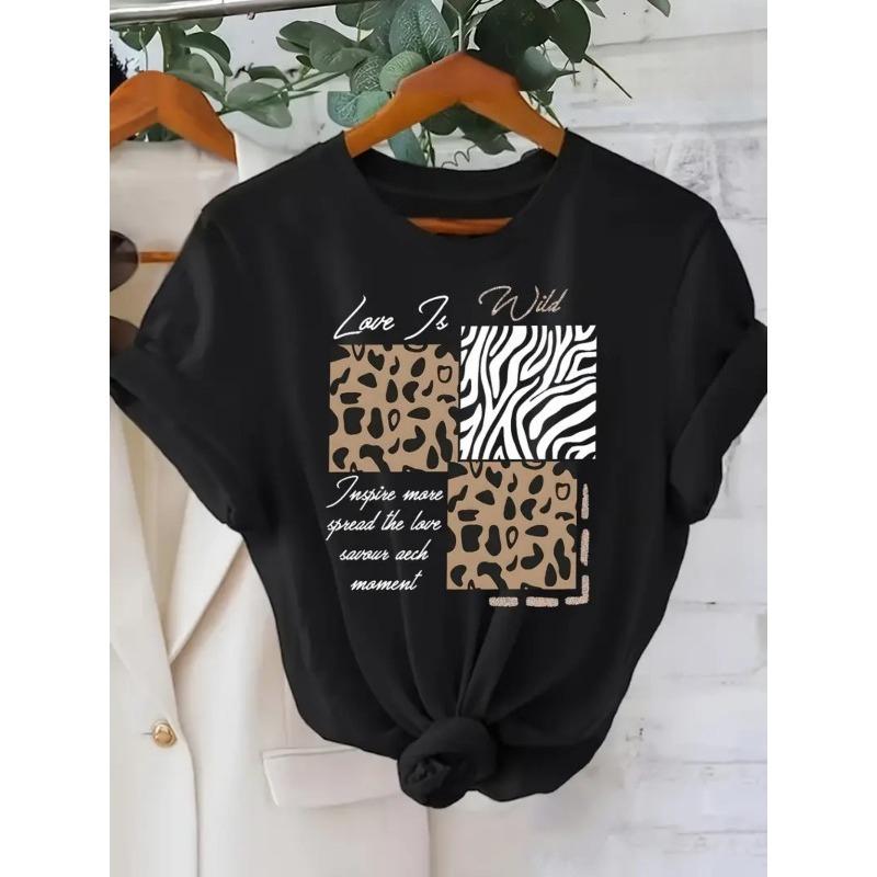 

European Size Women s Black Retro Zebra & Leopard Print T-Shirt with Love Lettering & Heart Cutouts - Round Neck Casual Elegant Top for Spring Summer 4XL чорний