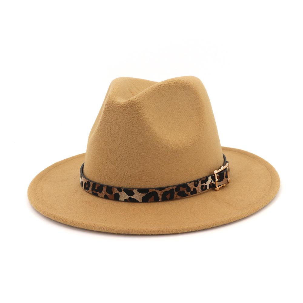 19 Color Women'S Wide Brim Felt Fedora Panama Hat With Leopard Belt Buckle Party Trilby Cowboy Hat Fashion Jazz Cap