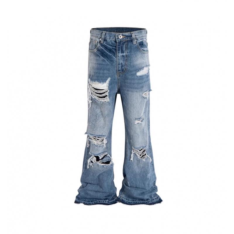 

Unisex American Retro Washed Wide-Leg Micro-Flare Jeans with Cat Whisker Rips - Trendy High Street Floor-Length Denim Trousers XXL синий