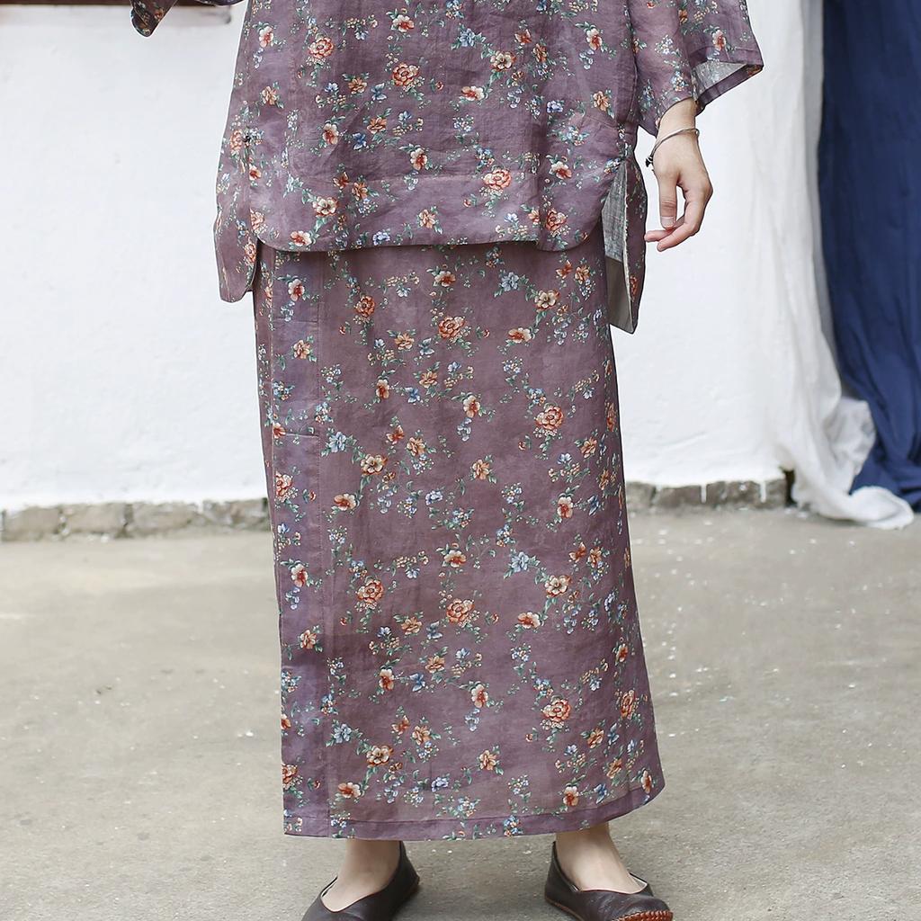 Johnature Vintage Print Floral Skirts Elastic Waist Summer Chinese Style High Quality Female Skirts