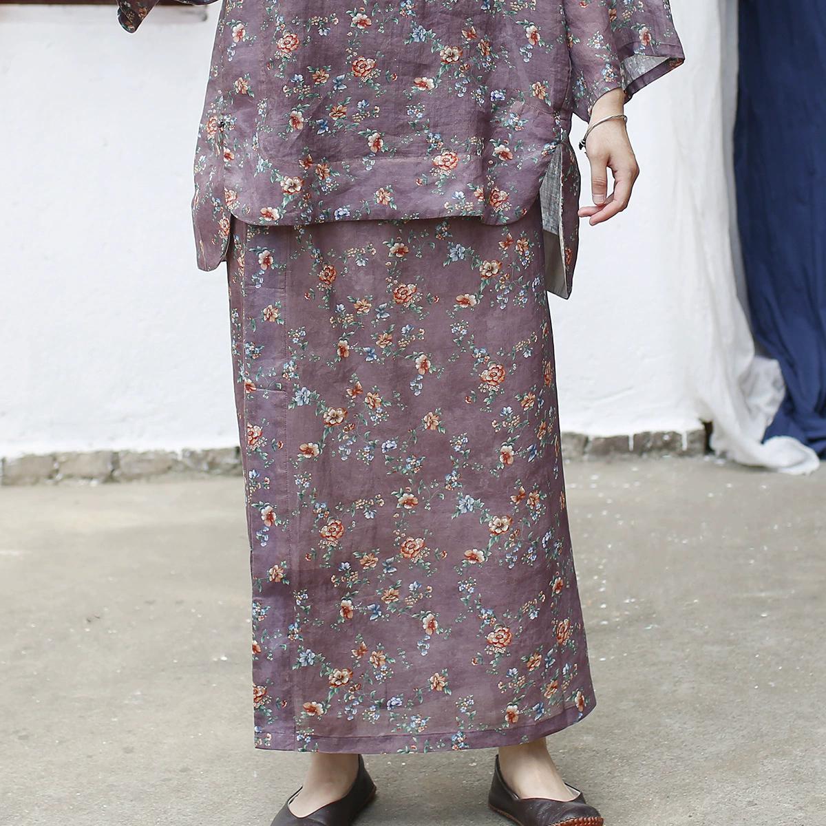 

Johnature Vintage Print Floral Skirts Elastic Waist Summer Chinese Style High Quality Female Skirts L
