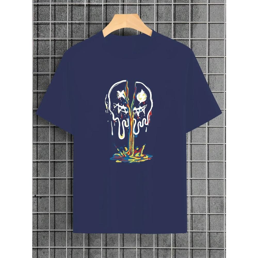 Men's Fashion Skeleton and Flower Happy Face Printed T-shirt Men's Casual Street Style Skeleton T-shirt Versatile Short Sleeve T