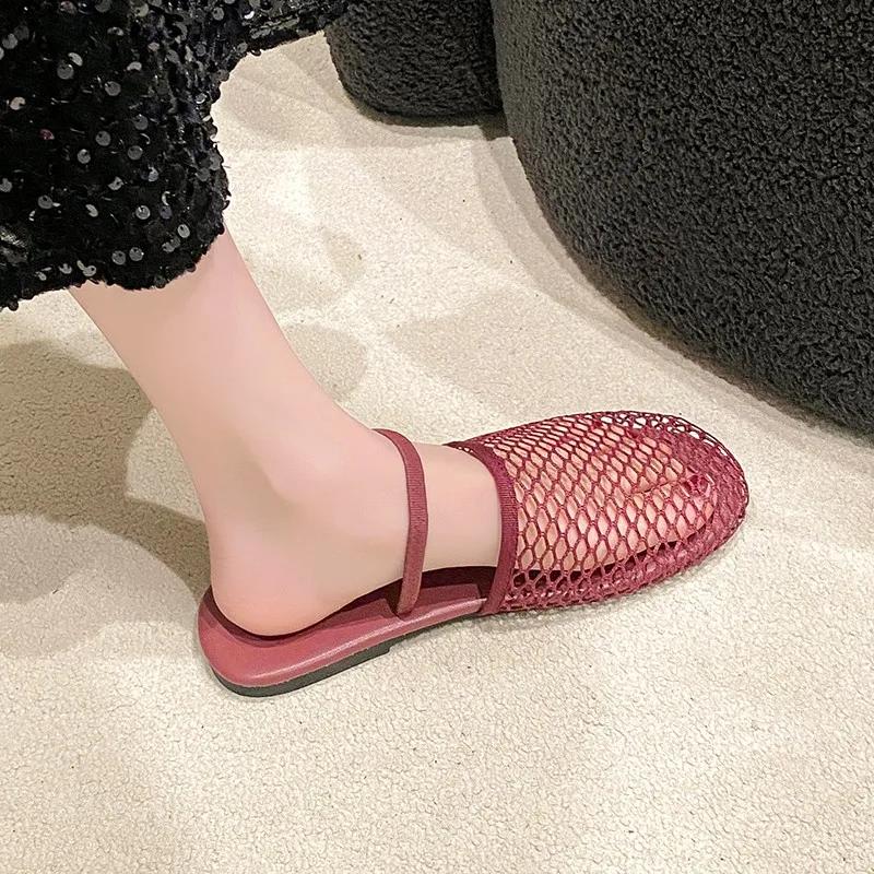 Round Headed Niche Fish Mesh Hollow Ballet Shoes for Women's Summer New Fashionable Flat Bottomed Belt Buckle Sandals