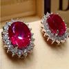 Delicate Silver Color Oval Inlaid Red White Cubic Zirconia Stud Earrings for Women Fashion Engagement Wedding Earrings