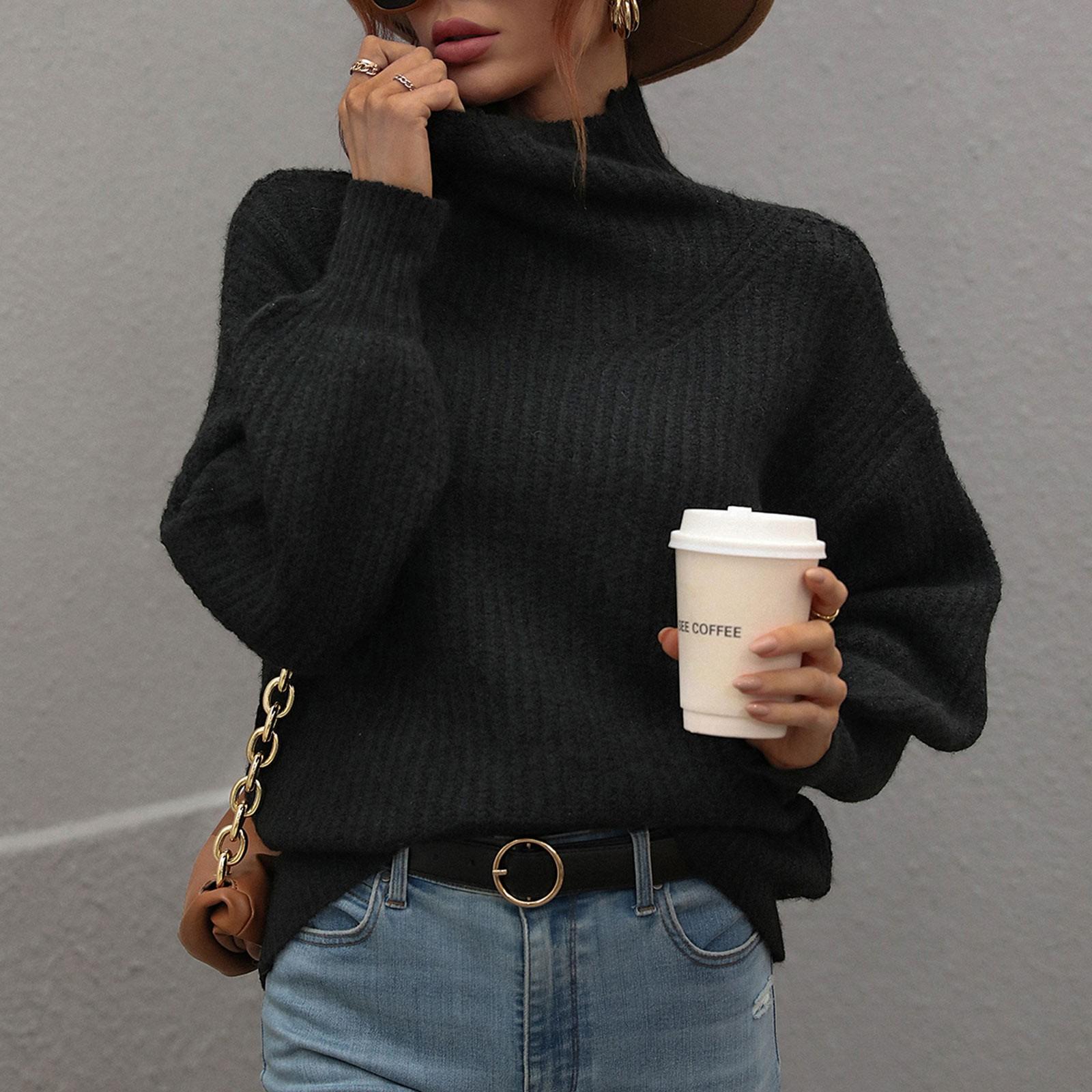 

Женский однотонный вязаный свитер с высоким воротом и длинными рукавами, пуловер, свитер L чёрный