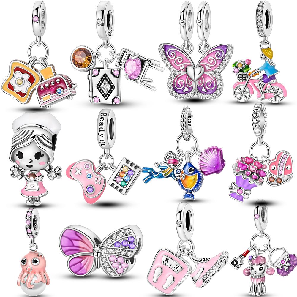 Pink Copper Flower Butterfly Baking Girl Charms Beads Fit Original Bracelet For Women Jewelry Making Gift