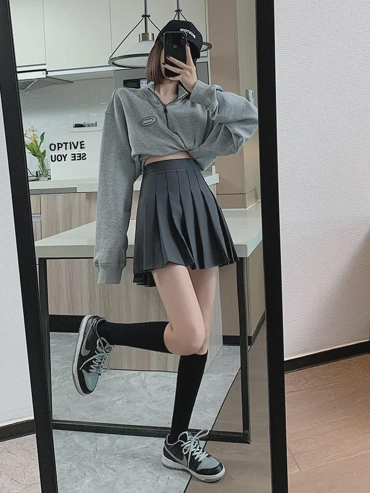 High Waist Gray A-Line Pleated Skirt for Women - Elastic, Slimming, and Lengthened for Year-Round Style