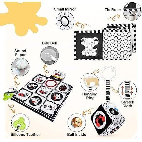 Jouet bébé livre tissu montessori noir et blanc - happykidsclub - eveil 0-12 mois - cadeau naissance