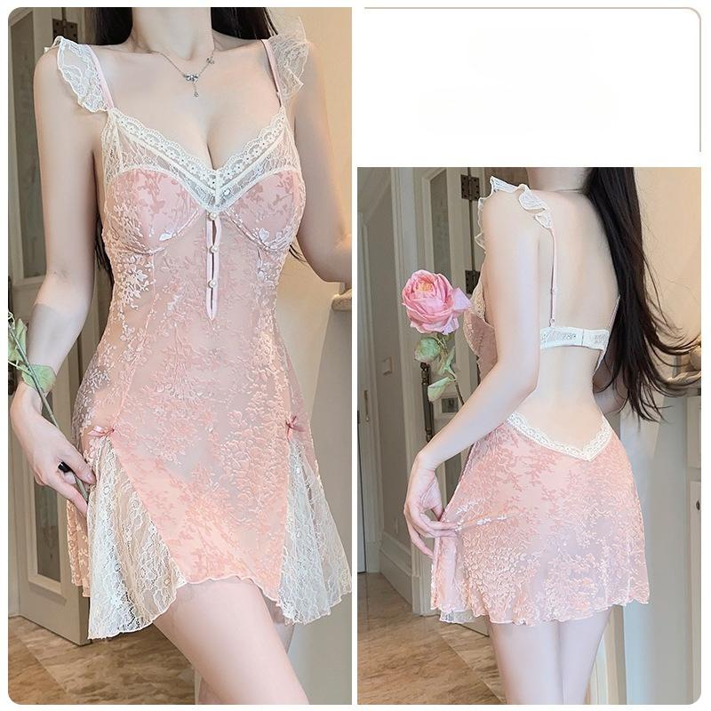 

Women’s Sweet Lace Lingerie Nightgown Tempting Flutter Sleeve Deep V Backless Velvet Cami Sleep Dress with Padded Bust XL рожевий