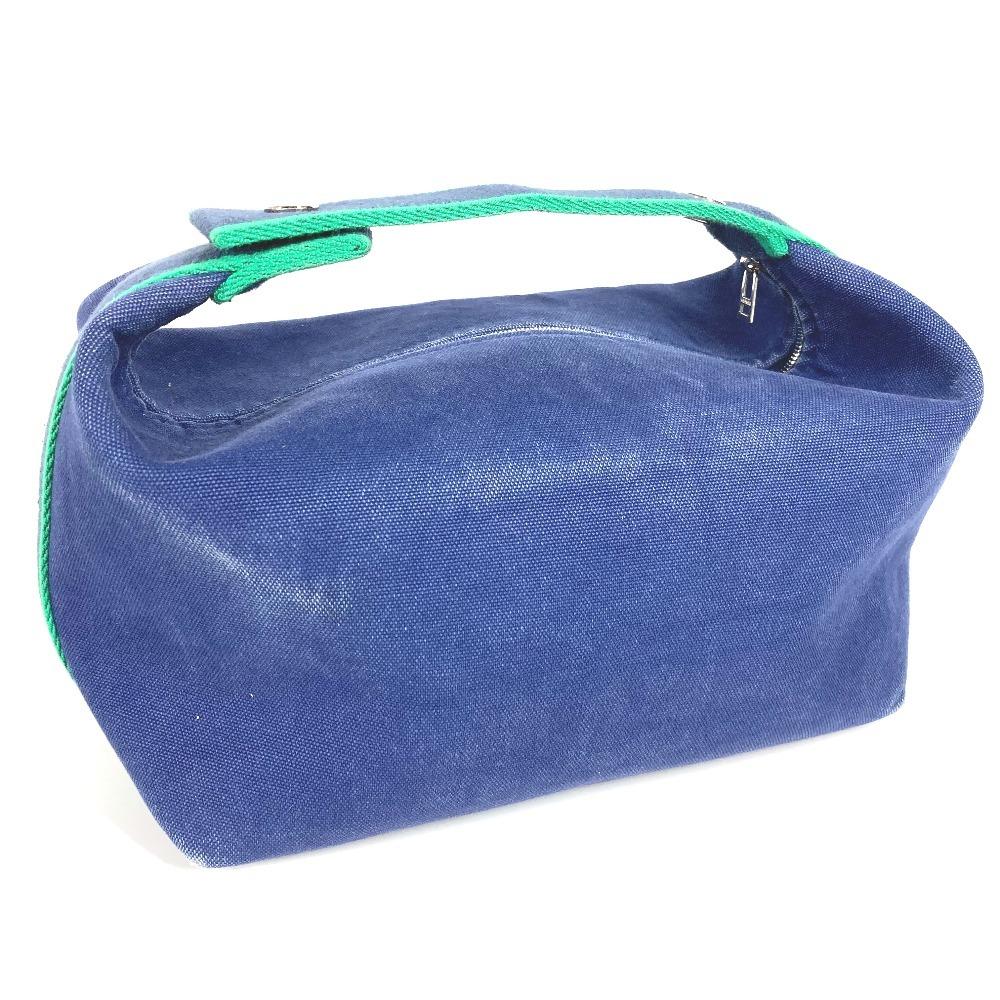 HERMES Bridea Black GM pouch vanity bag H logo Hand Bag cotton blue/Green