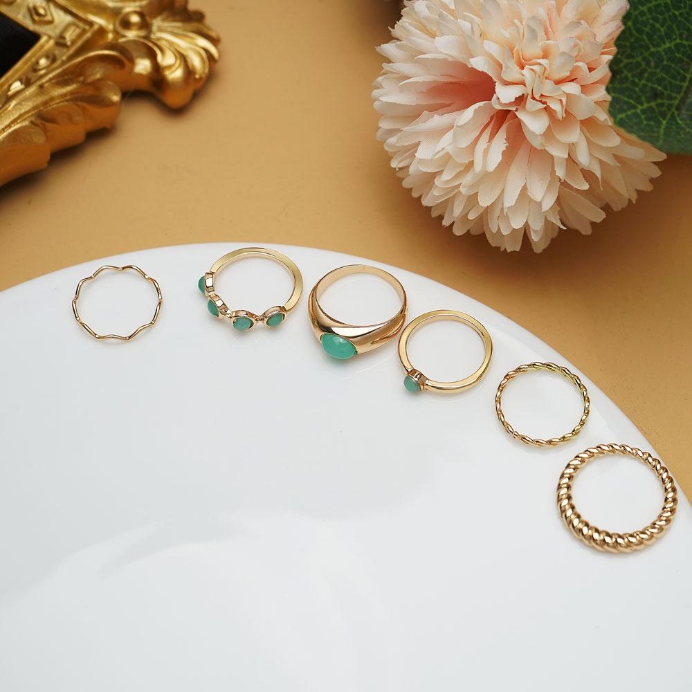 2024 6 Ringe / Set Hellgrüner Edelstein Geschenkring Set Offen Mode Geschenk Party Damenring