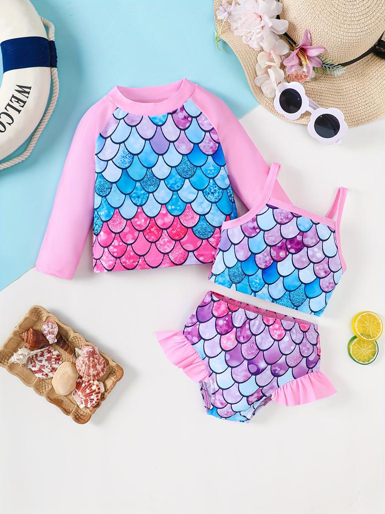 Girls Summer Swim Set Fish Scale Sleeveless Top Bikini Bottom 3PCS Beach Outfit
