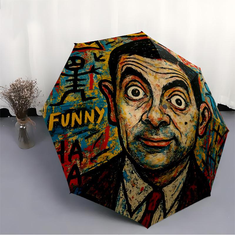 1pc Mr. Bean Artwork Automatic Open/Close Umbrella Folding Umbrella, Portable Compact Travel Umbrella, Gift for Men & Women y17