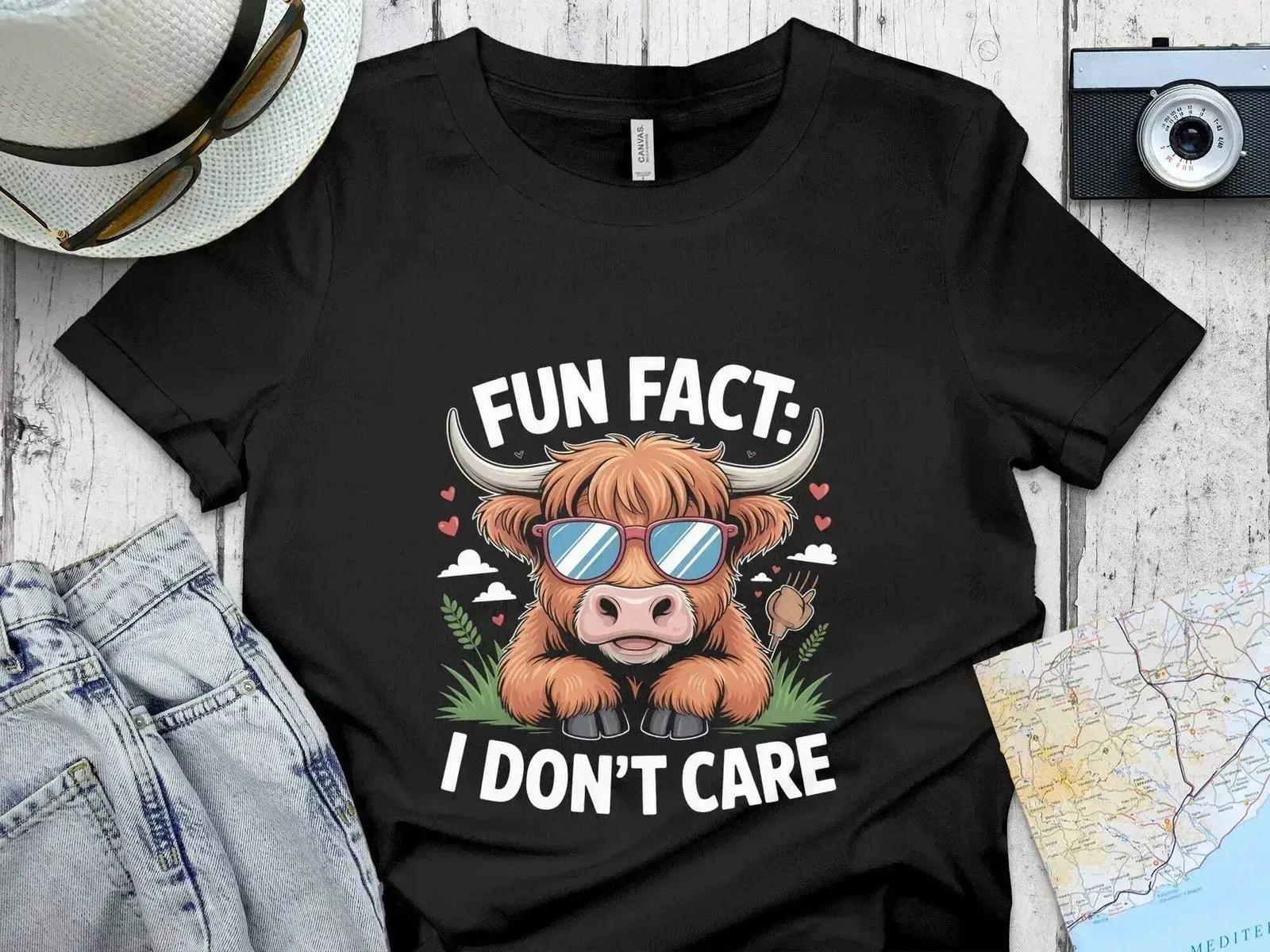 Fun Fact: I Don t Care – Funny Highland Cow T-Shirt S
