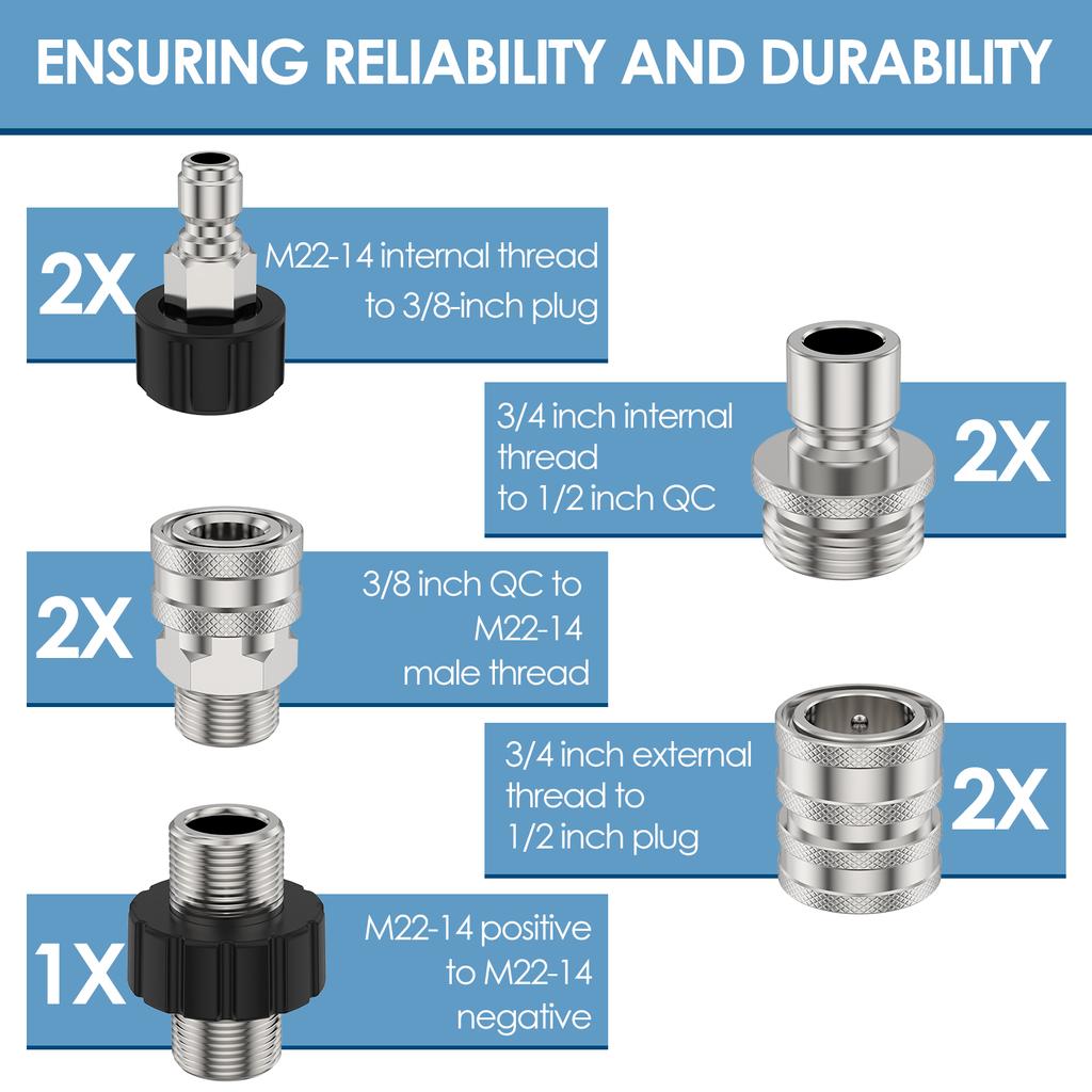 9Pcs Pressure Washer Adapter Set 5000PSI Max Stainless Steel M22 14mm To 3/8 Inch Quick Connect Pressure Washer Hose Fittings