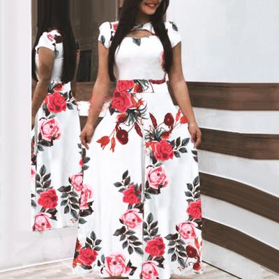 Abito Stampa Floreale Design Vita Stretta Manica Corta Abito Lungo da Donna