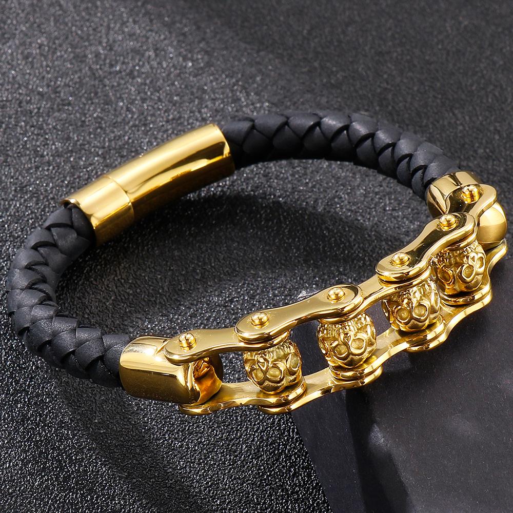 Rotatable Relieve Stress Skull Head Beads Bracelets for Man Punk Gothic Stainless Steel & Leather Motorcycle Biker Jewelry Gifts