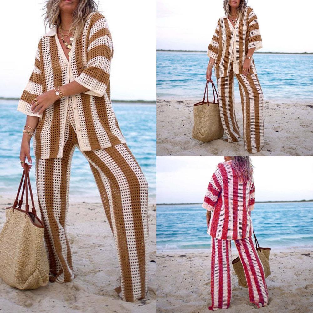 Women's Loose Fit Two Piece Matching Set Three Quarter Sleeve Knit Top High Waist Wide Leg Pants