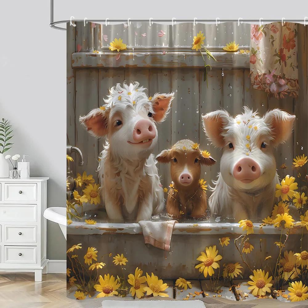 Farm Animals Shower Curtain Funny Pig Sheep Donkey Shower Cartoon Rustic Barn Polyester Fabric Bathroom Decor Curtain Washable