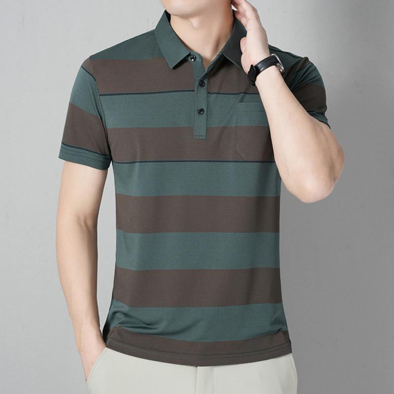 Middle Aged Men Short Sleeve Striped Polo Shirt Summer Casual Top