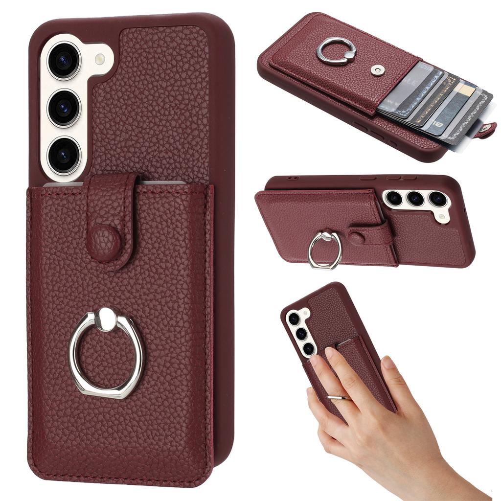 For Samsung Galaxy S23 Case Drawing Type Card Slots Litchi Texture Leather Back Cover with Ring Kickstand
