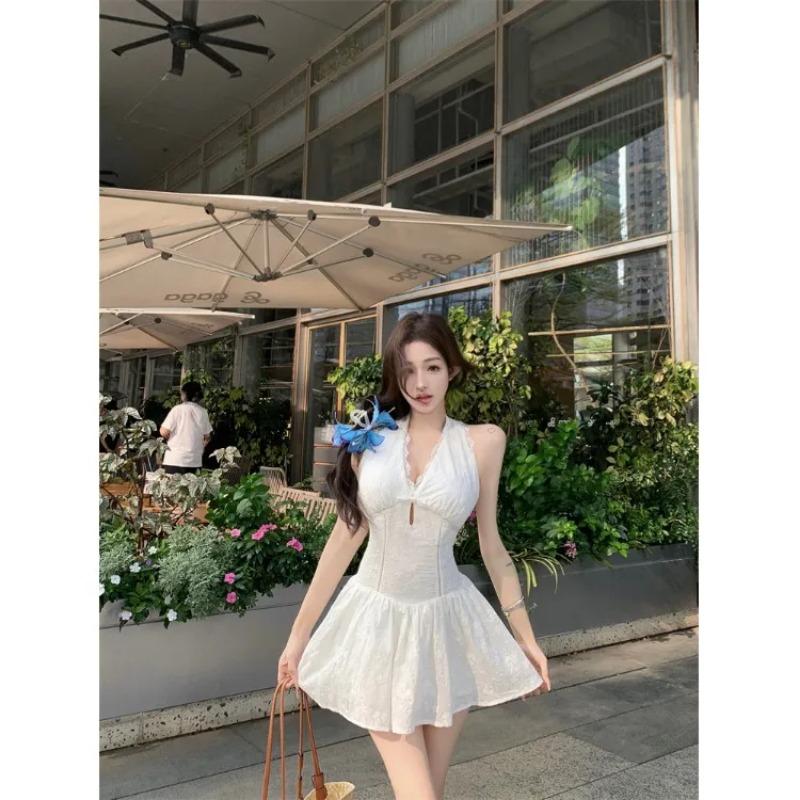 White Halter Neck Mini Dress for Women Backless Ruched Flared Hem Party Clubwear