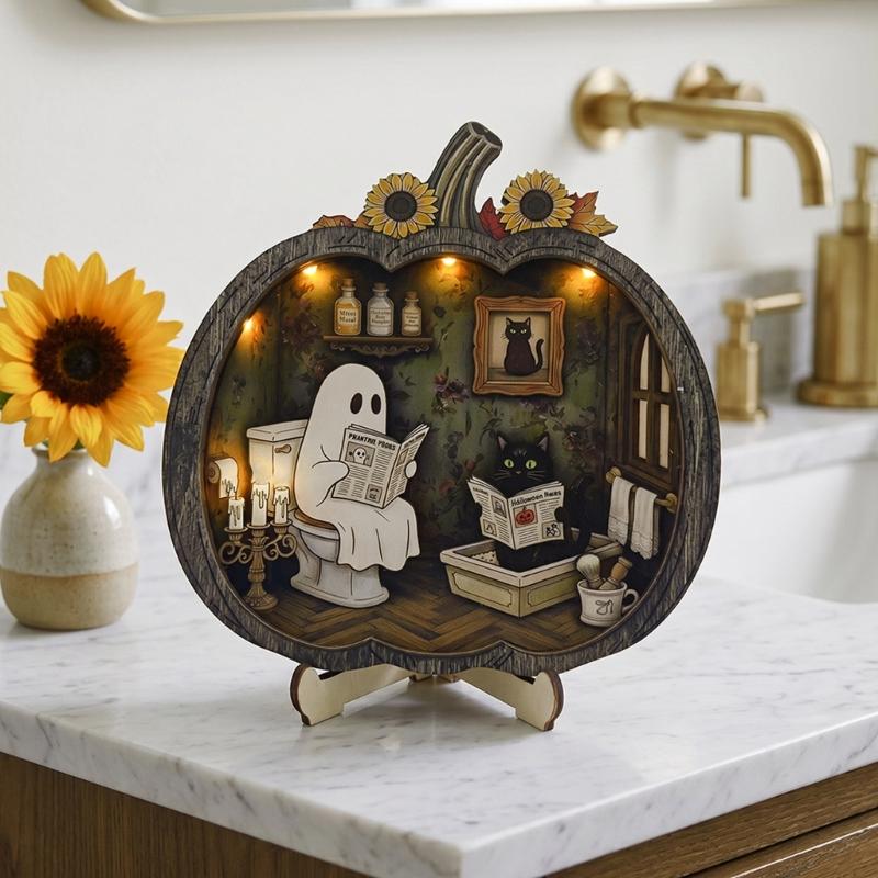 Entry Table Pumpkin Decoration with Wooden Body, Center Scene, and Double Board Build for Shelf and Indoor Holiday Use