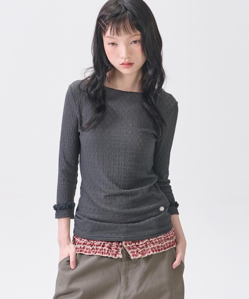 SOME PLACE Wrinkle Frill Point Boat Neck Semi-Slim 3/4 Long Sleeve T-Shirt_3 Colors