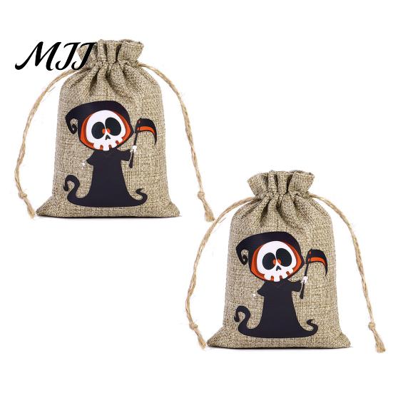 Pumpkin Theme Party Supplies 2PCS Halloween Drawstring Treat Bags, Cartoon Faux Linen Trick or Gift Pouches Sacks, Kids Candy Storage for Favors Cute