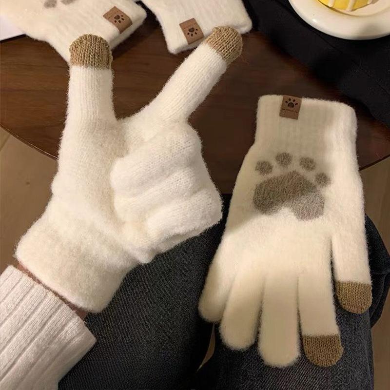 Winter Cat Paw Gloves Warm Mittens Fashion Mobile Phone Touchscreen Knitted Gloves Thick Women Soft Fluffy Full Fingers Gloves