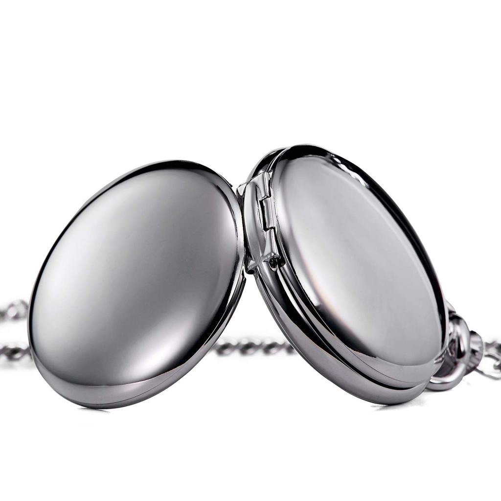 TREEWETO Mechanical Pocket Antique Blue Roman Silver Double Hunter Chain with Cover Watch, Dial, Skeleton, Numerals,