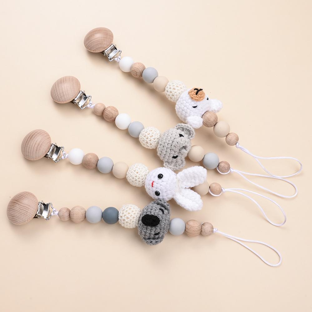 Baby Anti Drip Silicone Bead Chain Care Handmade Wood Teether Nipple Chain Teether Chain Clip Teething Chew Toys