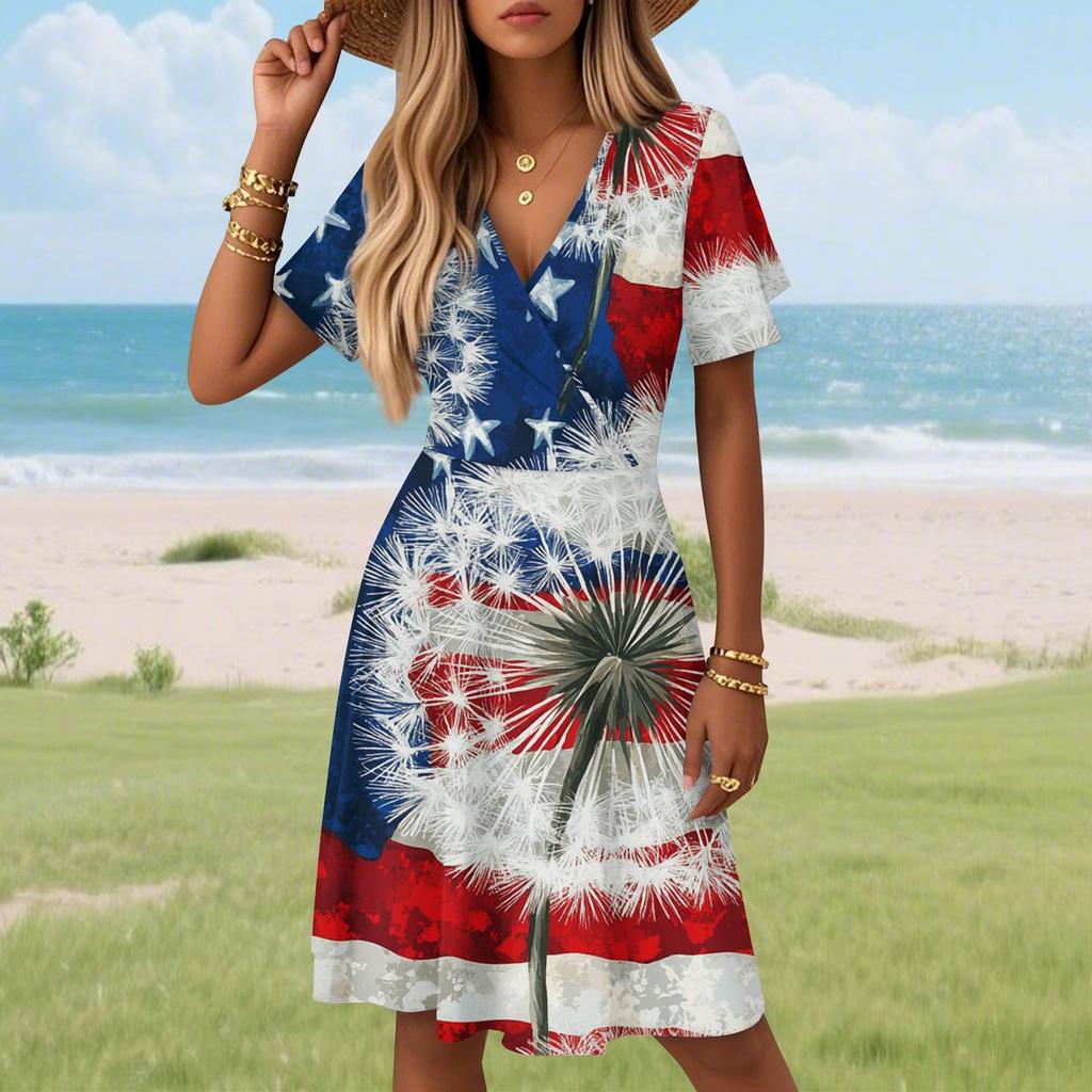 Dámské ležérní módní šaty Vintage květinové květinové šaty s krátkým rukávem a výstřihem do V