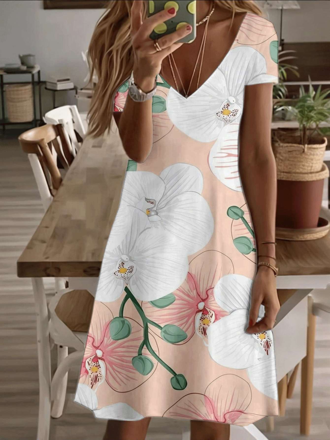 

Vneck shortsleeve midi dress orchid floral print elegant summer dress 3D highquality print durable fabric casual fashion beach vacation outfit S дубильная кора