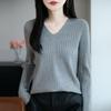 Women's V-Neck Ribbed Knit Sweater - Slim-Fit Long-Sleeve Top for Autumn/Winter 2025
