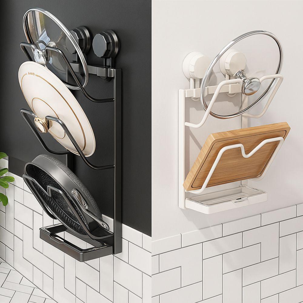Wall Mounted Pot Lids Holder Punch Free Cookware Storage Shelf Suction Cup Pot Lid Rack  for Home