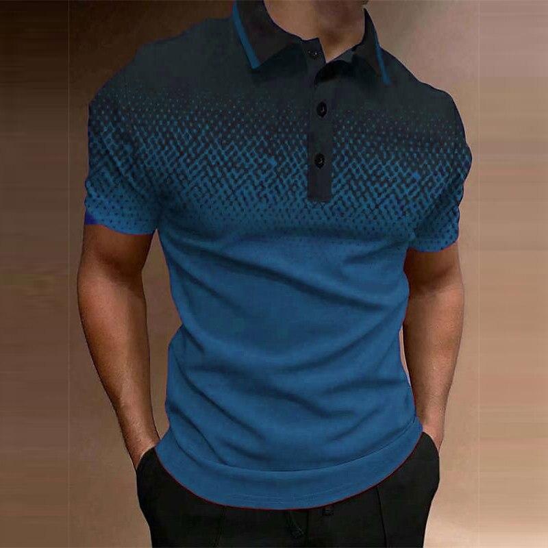 Summer Lapel 3D Gradient Pattern Print Top Fashionable Casual Button Short Sleeved Men's Polo T-shirts