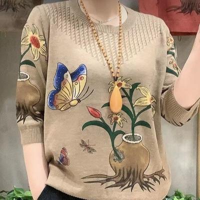 Women's Plus-size Sweater Spring Autumn Butterfly Printed Sweater Loose Crew Neck Pullover Knitted Sweater Jumper